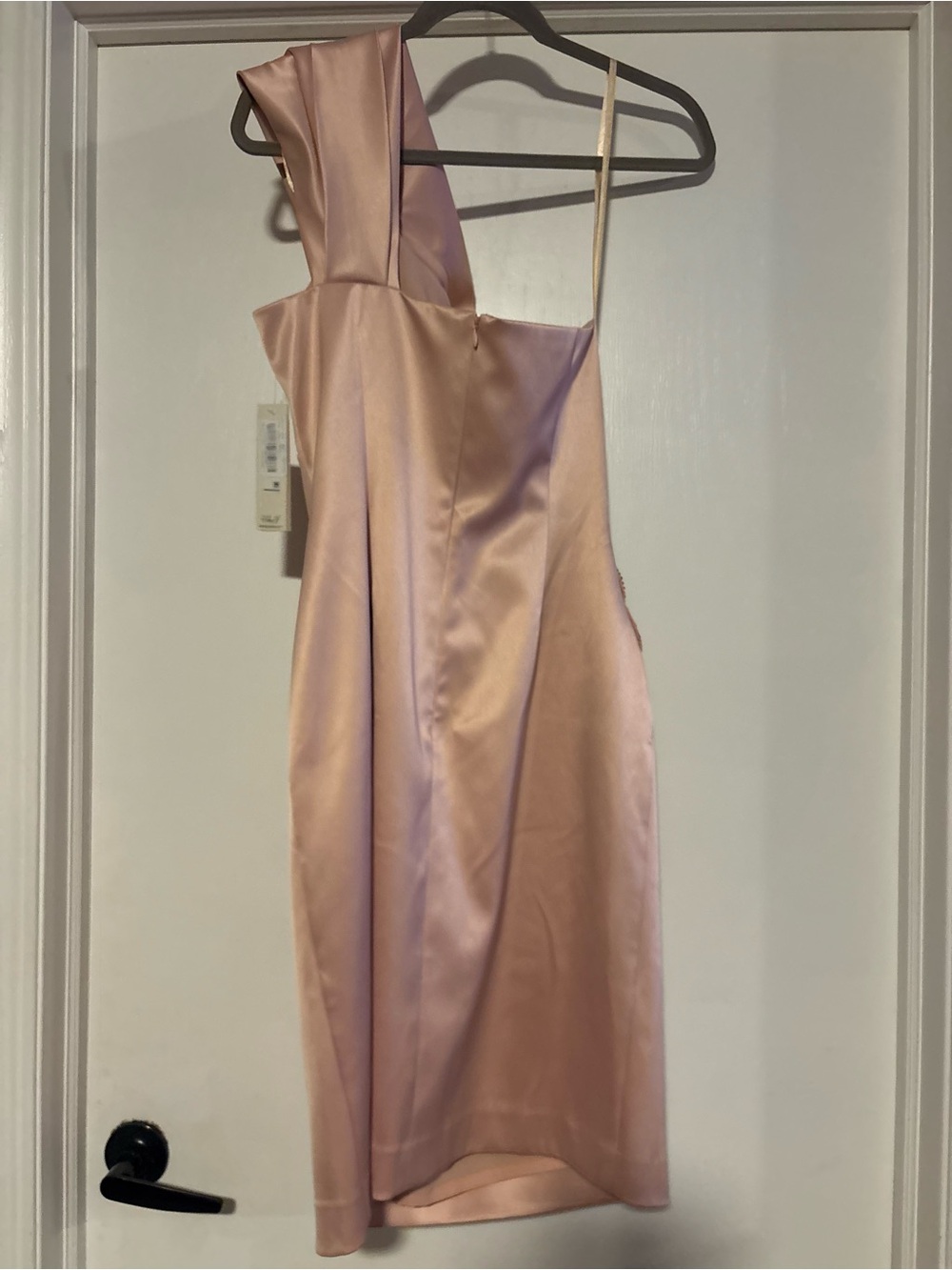 🌸Eliza J One-Shoulder Blush Satin Cocktail Dress with Beaded Waist - Picture 6 of 7